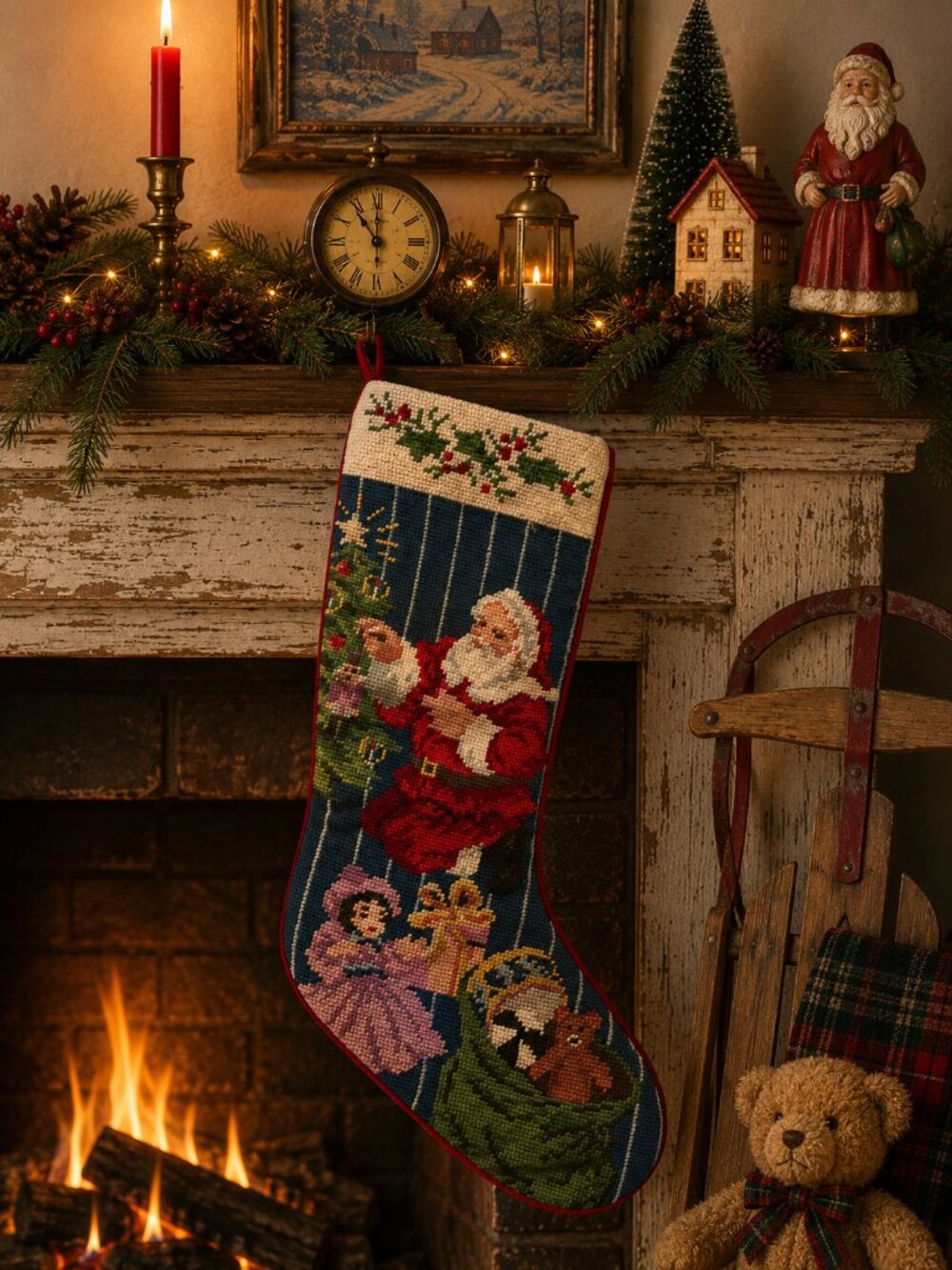 Handmade Vintage Needlepoint Tapestry Stocking